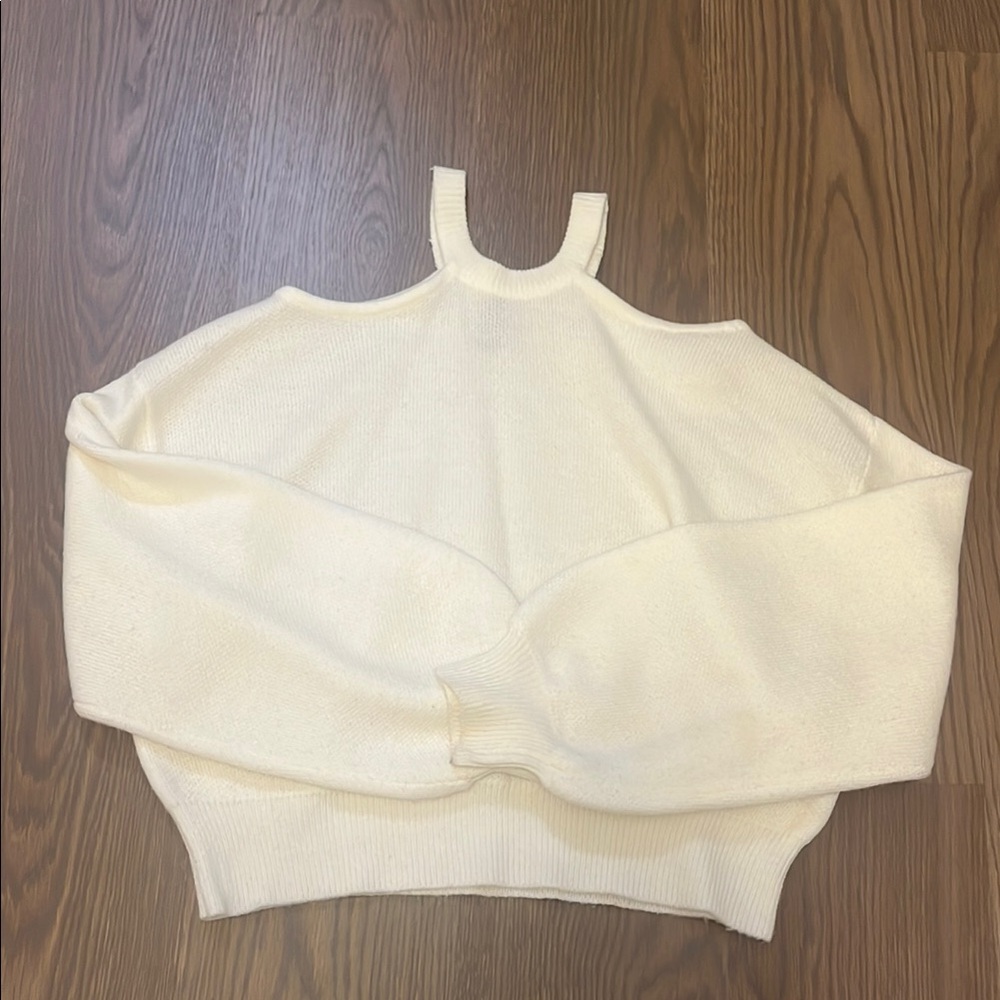 White Knit Sweater with Unique Neckline and open shoulders